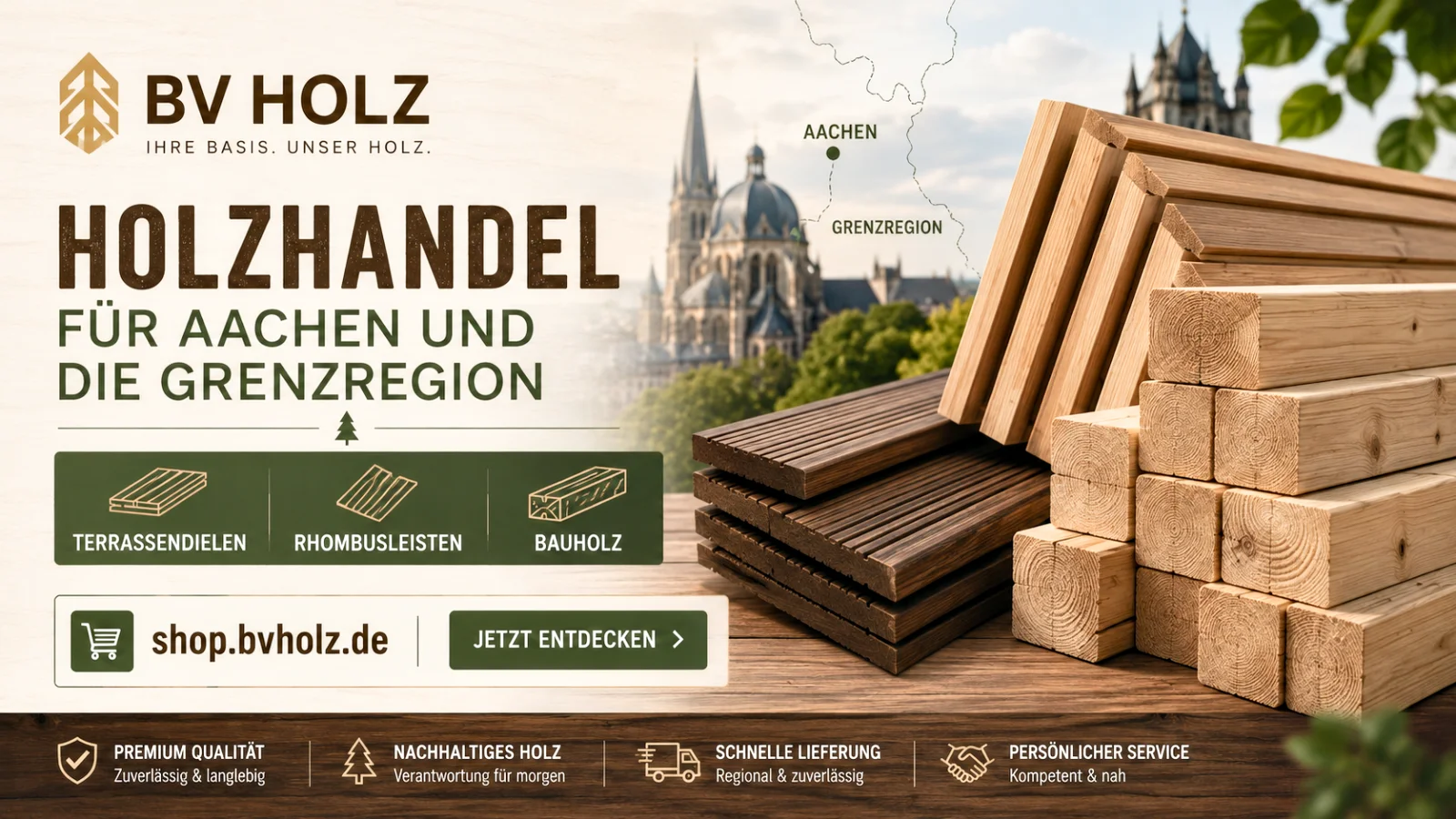 Holzhandel für Aachen und die Grenzregion mit Terrassendielen, Rhombusleisten und Bauholz