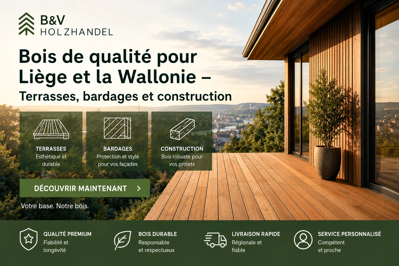 Terrasse et bardage en bois avec vue sur Liège et la Wallonie