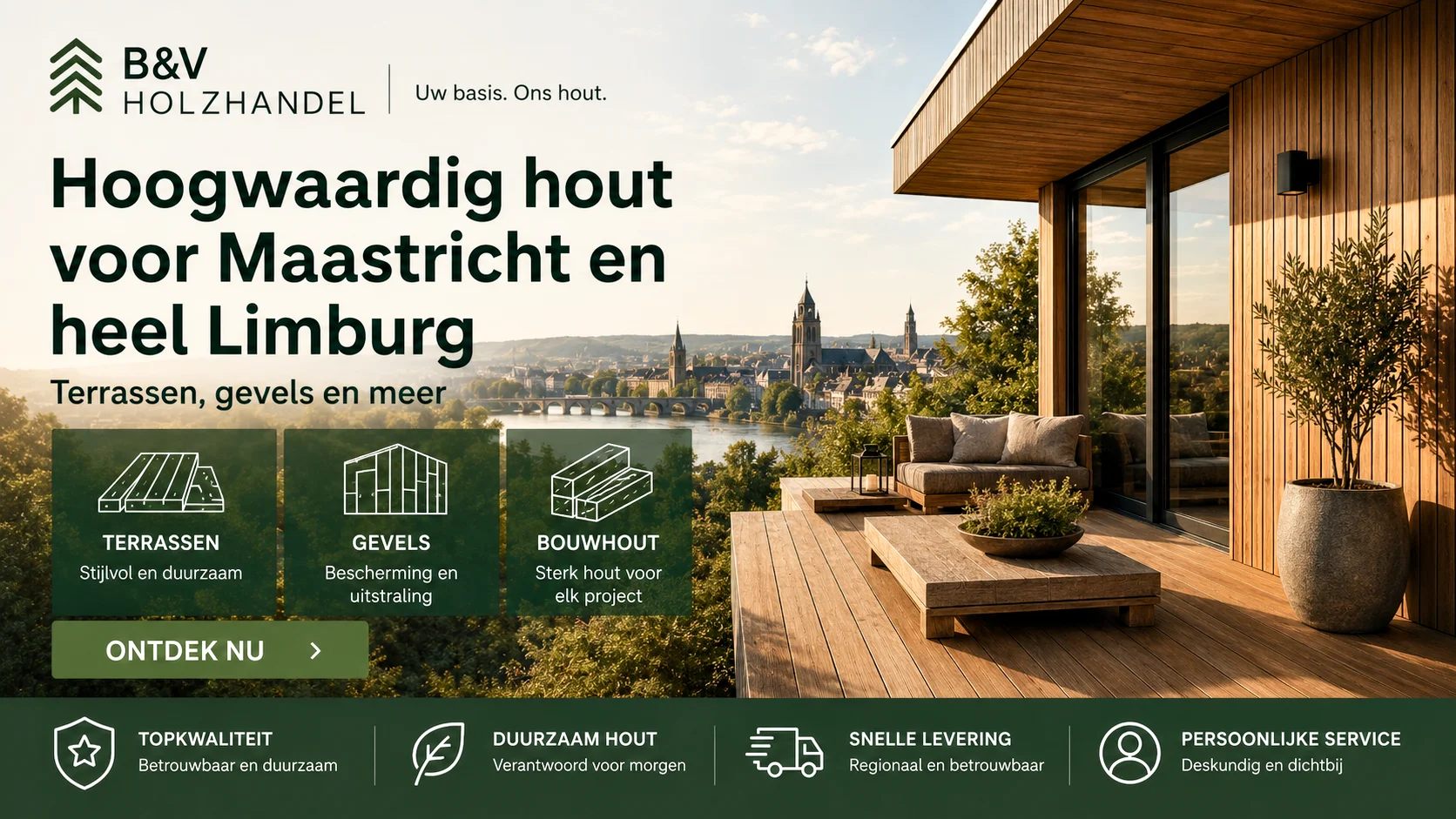 Houten terras en gevel met uitzicht op Maastricht en Limburg