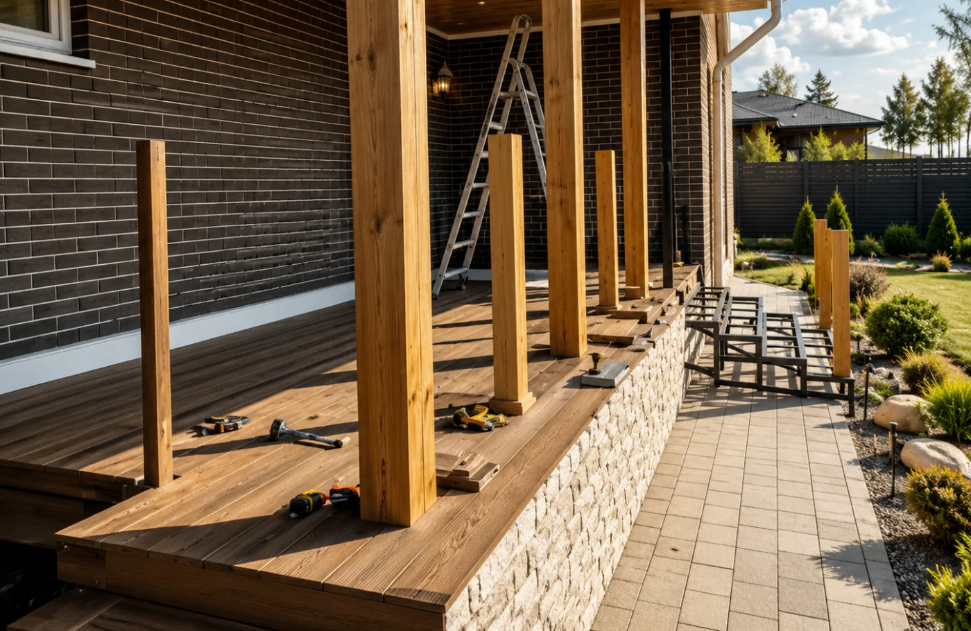 Stabiler Holzpfosten auf einem feuerverzinkten H-Pfostenträger im Betonfundament für die Terrassenunterkonstruktion