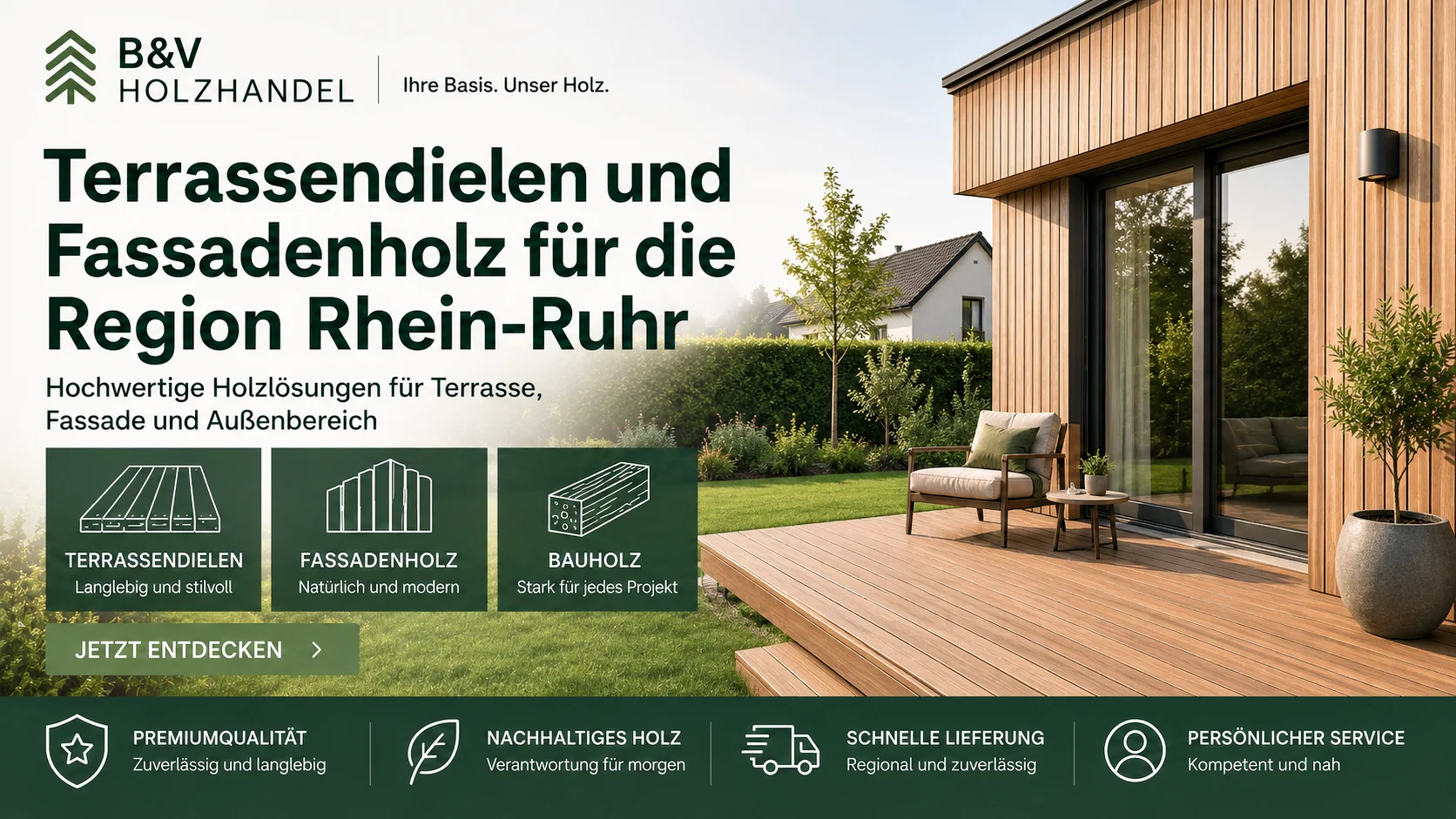 Holzterrasse und Holzfassade für Projekte in der Region Rhein-Ruhr